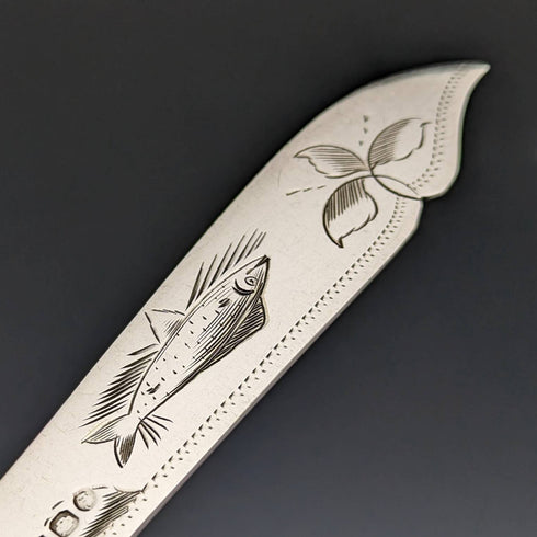 大約 1860 年英國古董銀盤魚餐具 5 對套裝在木盒中